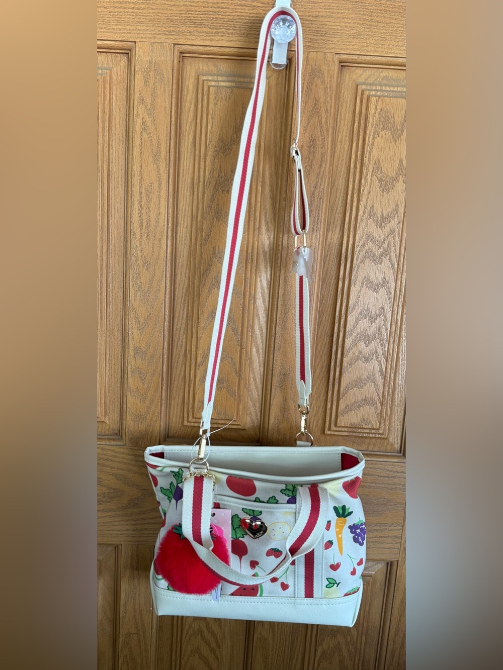 Betsey Johnson Cream Canvas Tote with Red Heart Pom and Fruit & Veggie Print - Picture 6 of 6